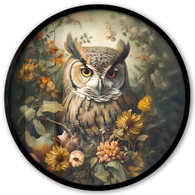 Poster in lijst Rond - Fotolijst 40x40 cm - Posters - Uil - Vogels - Bloemen - Natuur - Ronde posterlijst zwart - Decoratie - Wanddecoratie woonkamer - Muurdecoratie slaapkamer