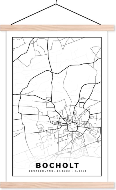Posterhanger incl. Poster 40x60 cm - Schoolplaat - Plattegrond - Bocholt - Kaart - Stadskaart - Textielposter - Blanke latten - Stadskaart