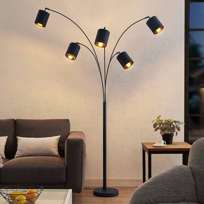 Lindby - vloerlamp - 5lichts - Staal, textiel, kunststof - H: 204 cm - E14 - zwart, goud