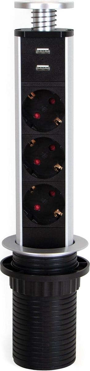 Emuca Inschuifbare multiconnector Vertikal, 3 stekkers en 2 USB, intrekbar, met Schouko-contacten, Kunststof, Metallic grijs