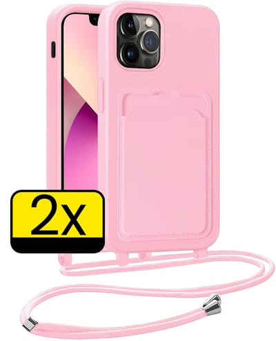 Hoesje Geschikt voor iPhone 13 Pro Telefoonhoesje Met Koord Case Pashouder Siliconen - Hoes Geschikt voor iPhone 13 Pro Hoesje Met Kaarthouder - Lichtroze - 2 Stuks