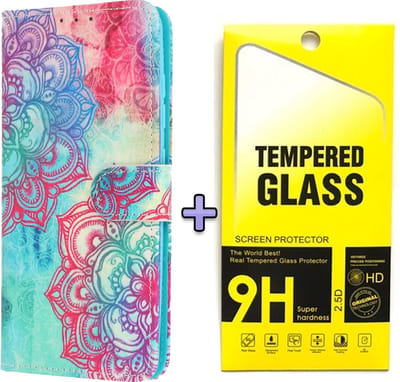 Casemania Hoesje Geschikt voor Samsung Galaxy S23 FE - Mandala + Glazen Screenprotector - Portemonnee Book Case