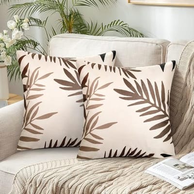Kussenslopen set van 2, 45 x 45 cm, decoratieve polyester kussenovertrekken in bruin met bladeren voor woonkamer en tuin