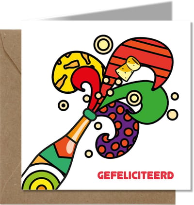 Tallies Cards - Wenskaarten - Champagne gefeliciteerd - PopArt  - Set van 4 wenskaarten - Inclusief kraft envelop - 100% Duurzaam