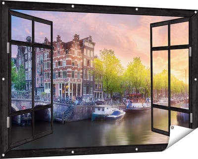 Gards Tuinposter Doorkijk Amsterdamse Grachten - 150x100 cm - Tuindoek - Tuindecoratie - Wanddecoratie buiten - Tuinschilderij