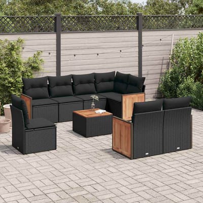 vidaXL - 9-delige - Loungeset - met - kussens - poly - rattan - zwart