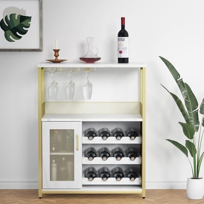 Wine Bar Cabinet with Storage - Wooden Buffet Sideboard Cabinet with Glass Holder, Mesh Door & Detachable Wine Rack, Modern Small Bar Rack Liquor Organization for Home Dinging Room - Gold