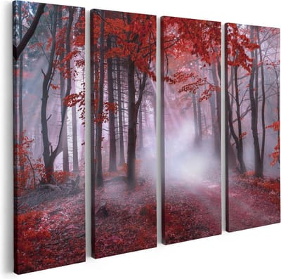 Artaza Canvas Schilderij Vierluik Rood Bos Met Bomen - 80x60 - Foto Op Canvas - Canvas Print