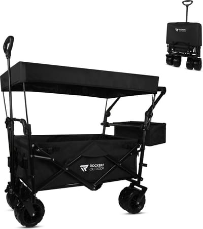 Rockerz Bolderkar met dak - Bolderwagen opvouwbaar - Met duwstang - 120L - Inclusief veiligheidsriemen - Handige opbergvakken - Zwart