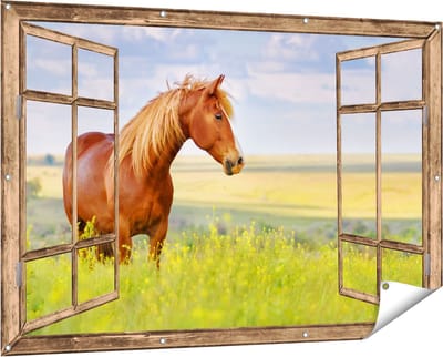 Gards Tuinposter Doorkijk Bruin Paard in de Wei - 150x100 cm - Tuindoek - Tuindecoratie - Wanddecoratie buiten - Tuinschilderij