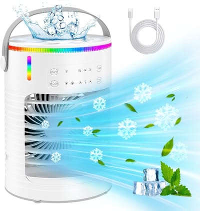 Aircooler met water of ijs-aircooler met koelelementen- 3 snelheden en verdampingskoeling - LED-verlichting in 7 kleuren - Timer van 2-8 uur - met luchtbevochtiger - voor gebruik in de slaapkamer of op het bureau - wit - 13x13x23 cm