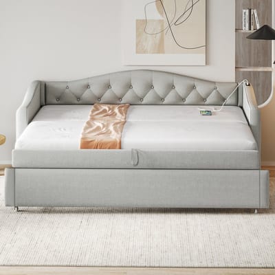 Gestoffeerde slaapbank 90x200 cm - met uitschuifbaar bed - met USB-aansluiting - knoopontwerp met veerbodem - grijs - zonder matras