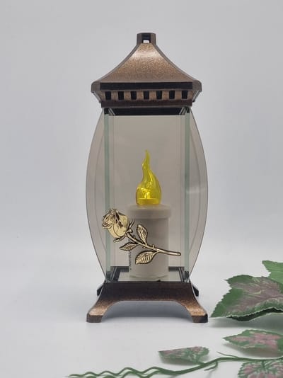Herdenkingslicht - L-70o - Lantaren - Roosje - Goud - Spiegel - Windlicht - Graflicht - Graflantaarn - Grafdecoratie
