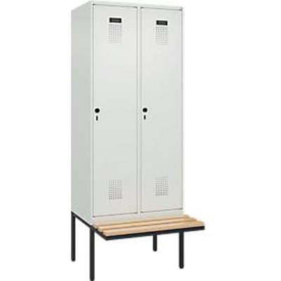 Kleiderspind C+P Evolo Plus, 2 Abteile à 400 mm Breite, schwebende Sitzbank, B 800 x T 815 x H 2120 mm, Drehriegel, lichtgrau/lichtgrau