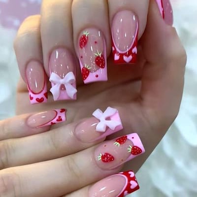 Dailygoods- Kunstnagels 24 Stuks - Vierkante Aardbei - Plaknagels - Nepnagels - Kunstnagels met Lijm - Eenvoudig aan te brengen