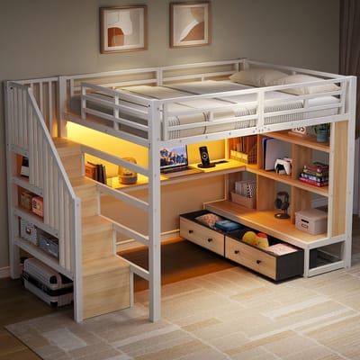 Hoogslaper 140x200 met bureau - boekenkast - trap met opbergruimte - twee lades - wit MDF en metaal - voor slaapkamer en studeerplek