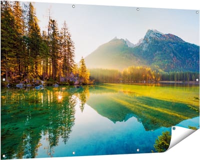 Gards Tuinposter Zonsopgang bij het Meer in de Herfst - 150x100 cm - Tuindoek - Tuindecoratie - Wanddecoratie buiten - Tuinschilderij