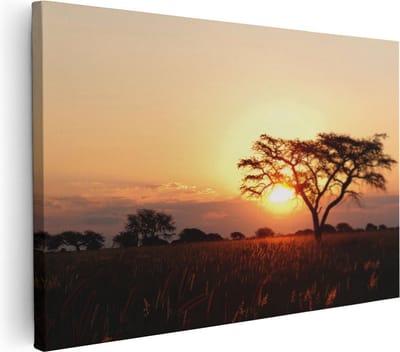 Artaza Canvas Schilderij Boom Afrika - 30x20 cm - Klein - Muurdecoratie Zonsondergang - Wanddecoratie Natuur - Kamer Accessoires