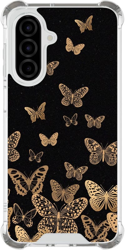 Shockproof hoesje - Geschikt voor Samsung Galaxy A26 - Vlinders - Extra sterke case - TPU/polycarbonaat - Print / Illustratie - Zwart, Goud, Transparant