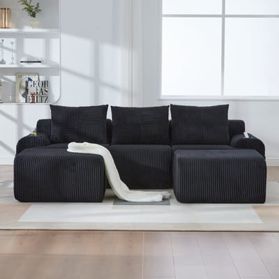 MODFU Modulaire 3-Zitsbank - Met 2 Hockers En Bekerhouder - Moderne Stijl - Voor Woonkamer - Cordstof - Zwart - 268 x 174 x 66 cm