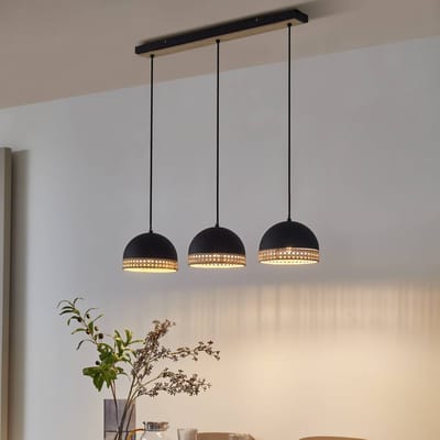 Lindby - hanglamp - 3lichts - ijzer, rotan - H: 21 cm - E14 - zwart, rotan natuur