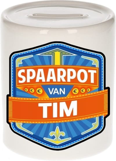 Bellatio Decorations Kinder spaarpot met naam - Tim - keramiek - met dop - wit - Sparen - Spaargeld van Tim
