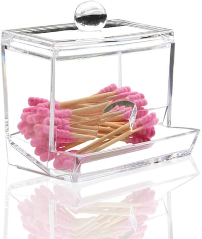 Wattenstaafjeshouder voor badkamer, houder voor wattenstaafjes, acryl, dispenser van katoenen staafjes, opbergdoos met deksel van kunststof, transparant, voor make-up remover pads