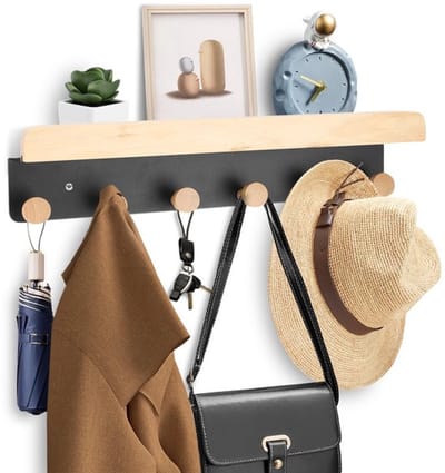 Sleutelrek Wandrek met Haken - Houten Sleutelhouder - Muurbeugel voor Entree - 6 Houten Haken - Ruimtebesparend - 39 x 8 x 9 cm