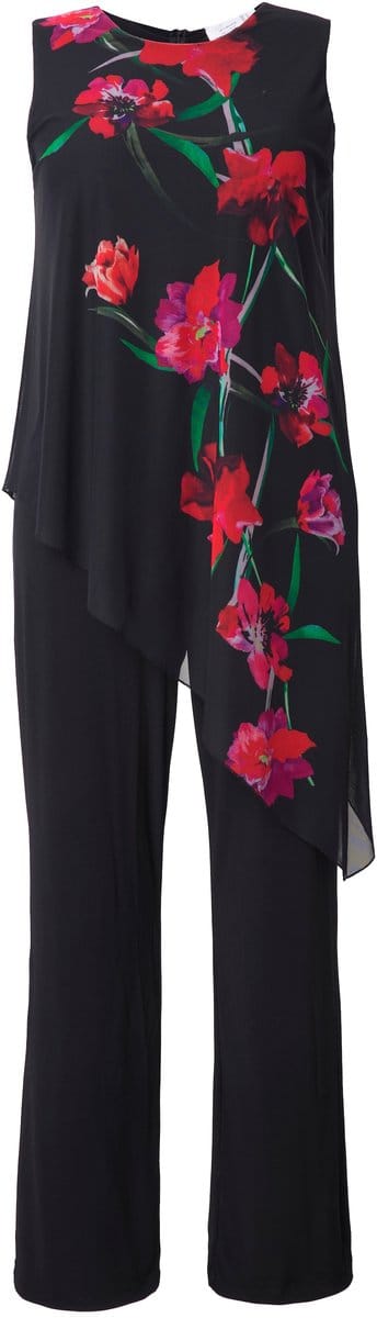 MIAMODA - Dames - Jumpsuit mouwloos mesh top met bloemen - Zwart - Maat 44