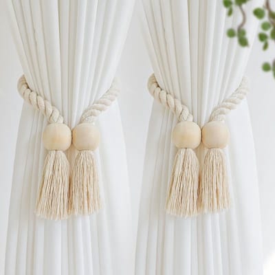 Set Van 2 Handgeknoopte Magnetische Gordijnhouders Met Houten Kralen Decoratief Beige Gordijnbevestiging Voor Slaapkamer Woonkamer En Kantoor