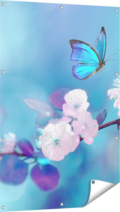 Gards Tuinposter Blauwe Vlinder bij een Roze Bloem - 80x120 cm - Tuindoek - Tuindecoratie - Wanddecoratie buiten - Tuinschilderij