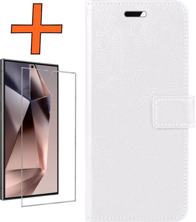 Hoes - Met Screenprotector - Geschikt voor Samsung Galaxy S24 Ultra - Luxe Pasjeshouder - Bookcase Portemonee - Flip Case - Kunstleer Book Case - Flipcase - Book Cover - Walletcase - PortemonneeHoes - Wit