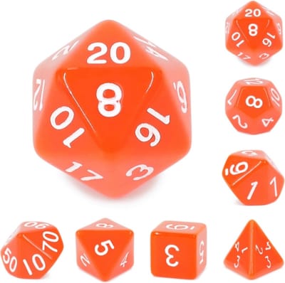 Polyset Dice | Dobbelstenen - Set Van 7 Stuks - Oranje Wit Ondoorzichtig| Voor D&D en Andere Rollenspellen | Plastic Dobbelstenen Set voor Dungeons and Dragons | Polyhedral Dice Set | Met Mooie Zwarte Velvet Dice Bag voor Ongeveer 3 Sets