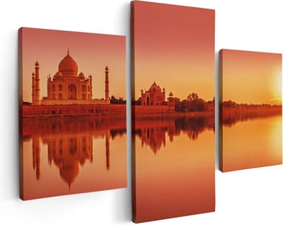 Artaza Canvas Schilderij Drieluik Taj Mahal bij Zonsondergang - 90x60 - Foto Op Canvas - Canvas Print