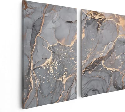 Artaza Canvas Schilderij Tweeluik Abstracte Luxe Kunst van Marmer met Goud - 80x60 cm - Wanddecoratie Woonkamer - Schilderijen - Muurdecoratie