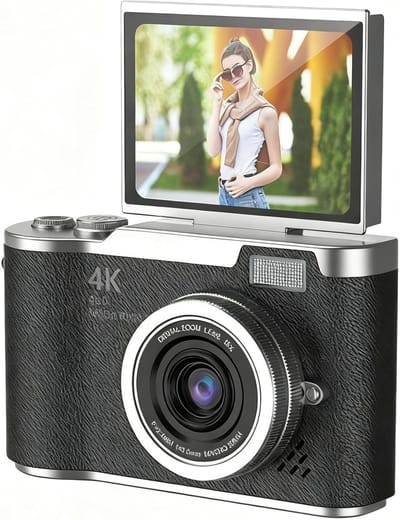 4K Digitale Camera voor Foto's – 48 MP met Kantelbaar Scherm, Draagbare Retrocamera met Kantelbaar Scherm, Selfiecamera met 8x Zoom, Vlogcamera – Camera voor Kinderen en Volwassenen, Compacte Retrocamera voor Buitengebruik (Zwart, 1 Set)