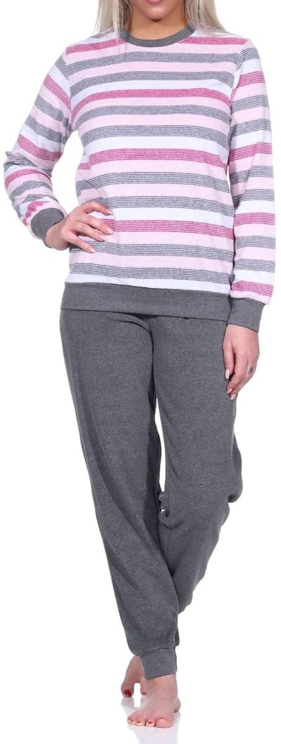 Dames Badstof pyjama met lange mouwen en manchetten in blokstreep-look - ook in overmaten
