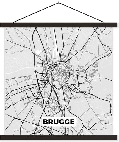 Posterhanger incl. Poster 60x60 cm - Schoolplaat - België – Brugge – Stadskaart – Kaart – Zwart Wit – Plattegrond - Textielposter - Zwarte latten - Stadskaart