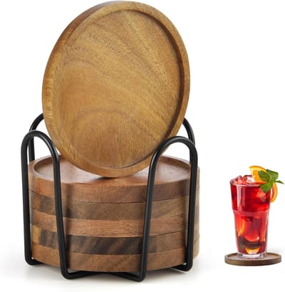 Namajunas - Onderzetters van hout - Onderzetters - Set Van 6 - Onderzettersset - Rond - Onderzetters van acaciahout met houder - Coasters - Thermische isolatie - Onderzetters met Houder - Voor dranken, bar, kopjes, tafelonderzetters - D10 CM