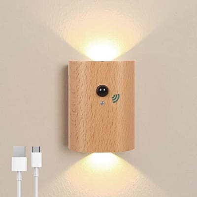 Accu wandlamp met Bewegingsmelder en Oplaadbare Led - Houten Wandlamp voor Binnen