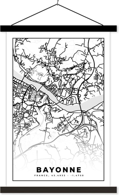 Posterhanger incl. Poster 40x60 cm - Schoolplaat - Plattegrond - Kaart - Bayonne - Frankrijk - Stadskaart - Zwart wit - Textielposter - Zwarte latten - Stadskaart