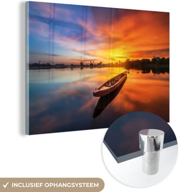 MuchoWow - Glasschilderij - Kamer decoratie - Boot - Zonsondergang - Oranje - Water - 150x100 cm - Wanddecoratie - Foto op glas - Glas schilderij - Acrylglas