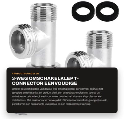 Dailygoods- Omschakelklep 3-weg - Adapter T-connector - RVS T-fitting - Corrosiebestendig - 180° Rotatie - 2 Stuks