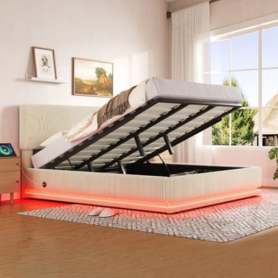 VVBV Gestoffeerd Opbergbed 180x200 cm - Opbergruimte, LED-Verlichting, USB-C, Lattenbodem, Verstelbaar Hoofdbord - Beige
