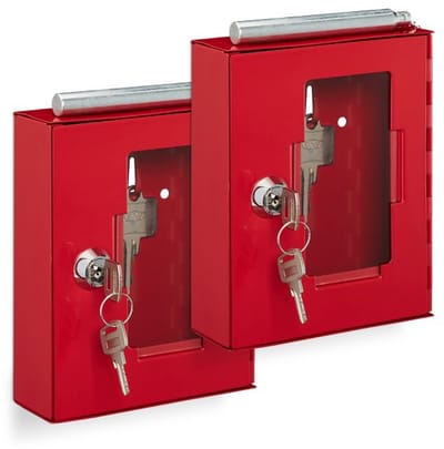 Doodadeals® 2-Pack Noodsleutelkastje met Slagpen – Sleutelkastje Glas – Rood Metaal – 15 x 12 x 4 cm – Inclusief Bevestigingsmateriaal