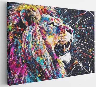 Saammp Canvas Schilderij - Kleurrijke Leeuw - verfspetters - Abstract - 30x20 - Foto op canvas - Wanddecoratie - Muurdecoratie Woonkamer - Slaapkamer decoratie - Canvas Print