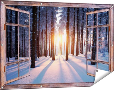 Gards Tuinposter Doorkijk Bos met Sneeuw tijdens de Zonsondergang - 120x80 cm - Tuindoek - Tuindecoratie - Wanddecoratie buiten - Tuinschilderij