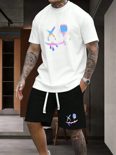 Stijlvolle en Comfortabele Heren Pyjama Set Wit met 'Smiley' Schriftprint, Zachte Katoenmix, Perfect voor Ontspannen Dagen en Nachten - 2XL-3XL