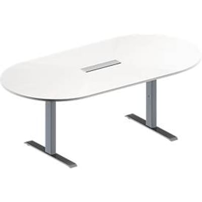 Schäfer Shop Genius Vergadertafel MODENA FLEX, in hoogte verstelbaar, 6-voudige contactdoos, ovale vorm, T-poot rechthoekige buis, B 2000 x D 1000 mm, wit