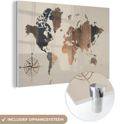 ® Glasschilderij 150x100 cm - Schilderij acrylglas - Wereldkaart - Houten Plank - Windroos - Foto op glas - Muurdecoratie woonkamer - Wanddecoratie slaapkamer - Schilderijen